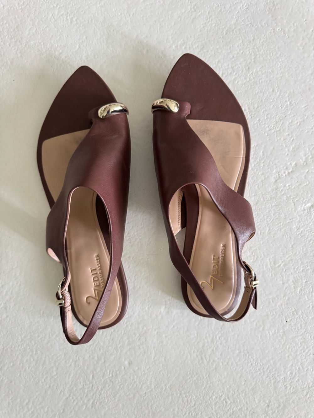 27 EDIT Dark Brown Slingback Peep-Toe Sandals with Gold Accent